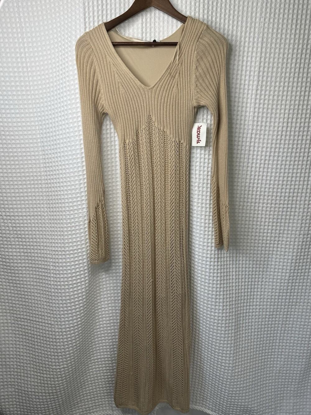Freshman 1996 NWT Knit Maxi Dress Small Lined Cottagecore Beige Long sleeves